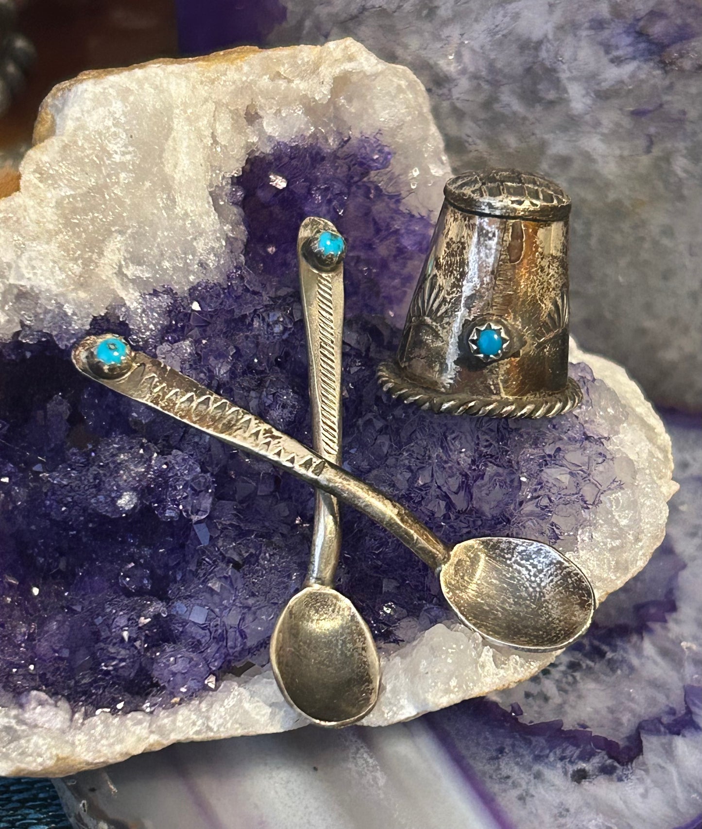 Vintage Sterling Silver Navajo Thimble & Mini Spoons w/ Turquoise