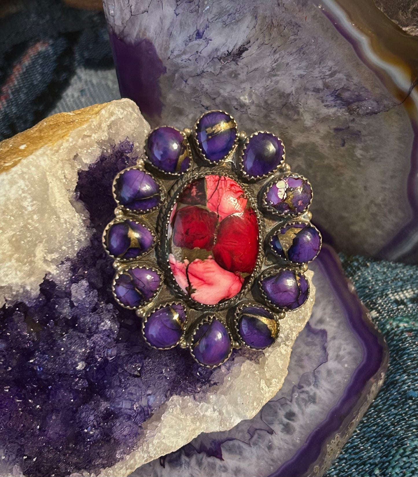Sterling Silver Southwestern Large Rose Dahlia & Violet Dahlia Adjustable Ring