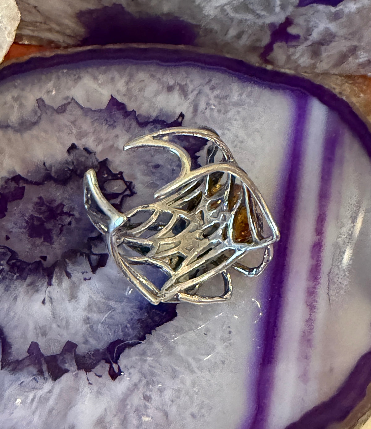 Sterling Silver & Natural Baltic Amber Spider Web Adjustable Ring