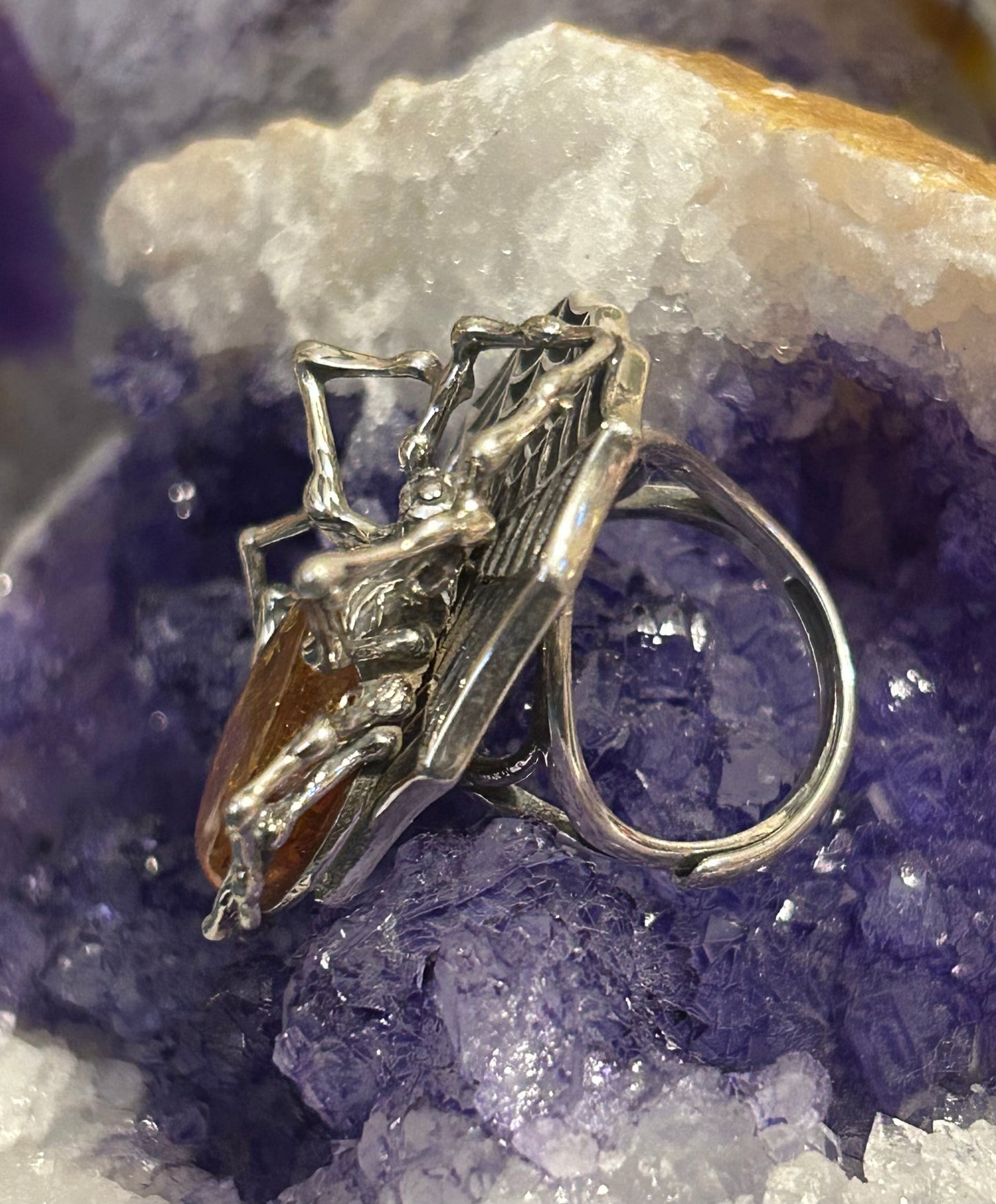 Sterling Silver Spider & Web Ring w/ Large Natural Amber Stone • Adjustable