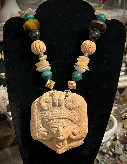 Vintage Ro-Do Rosemary G Beaded Tribal Mask Pendant Necklace