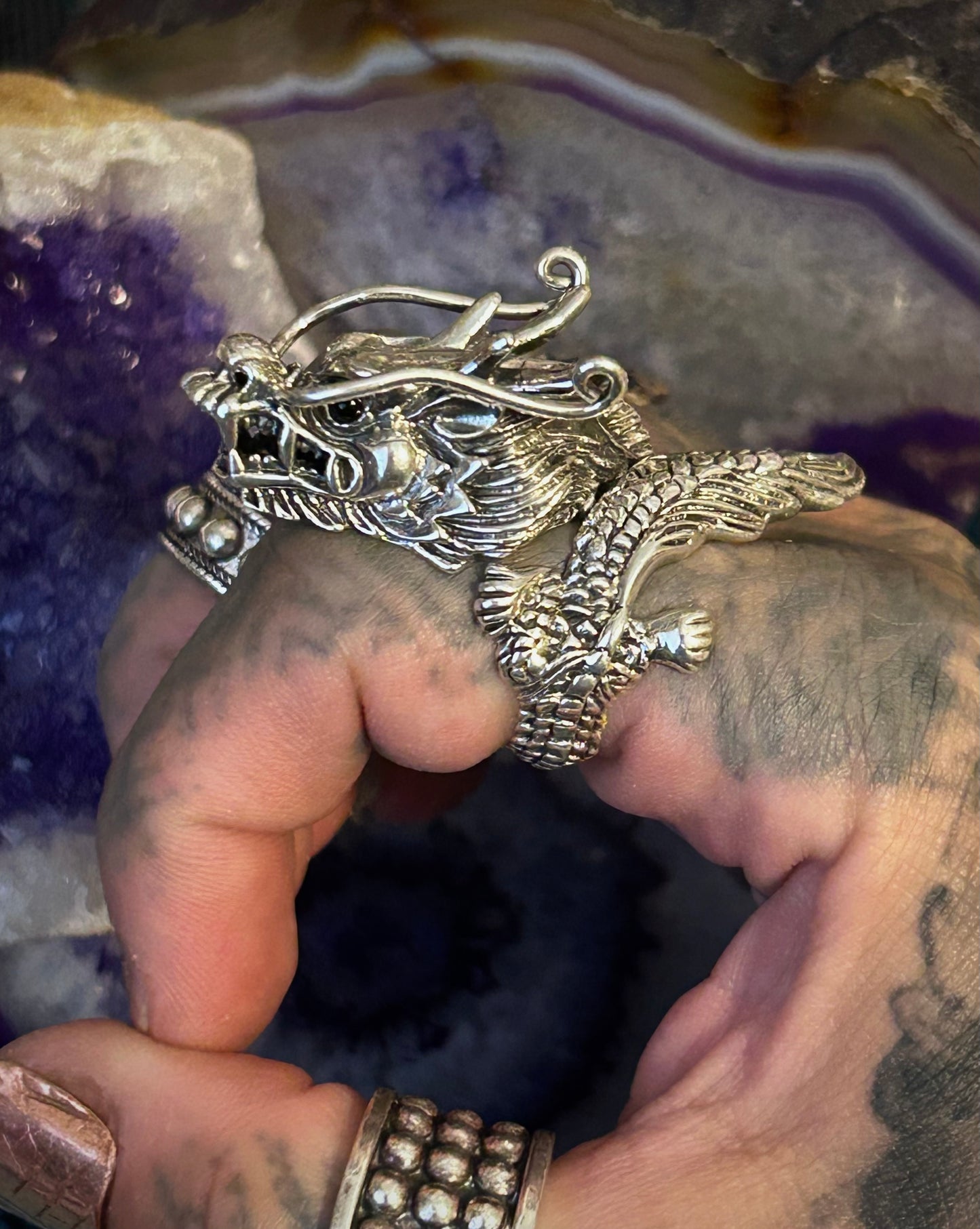 Sterling Silver Designer SOMS Statement Dragon Bypass Wrap Ring w/ Onyx Eyes