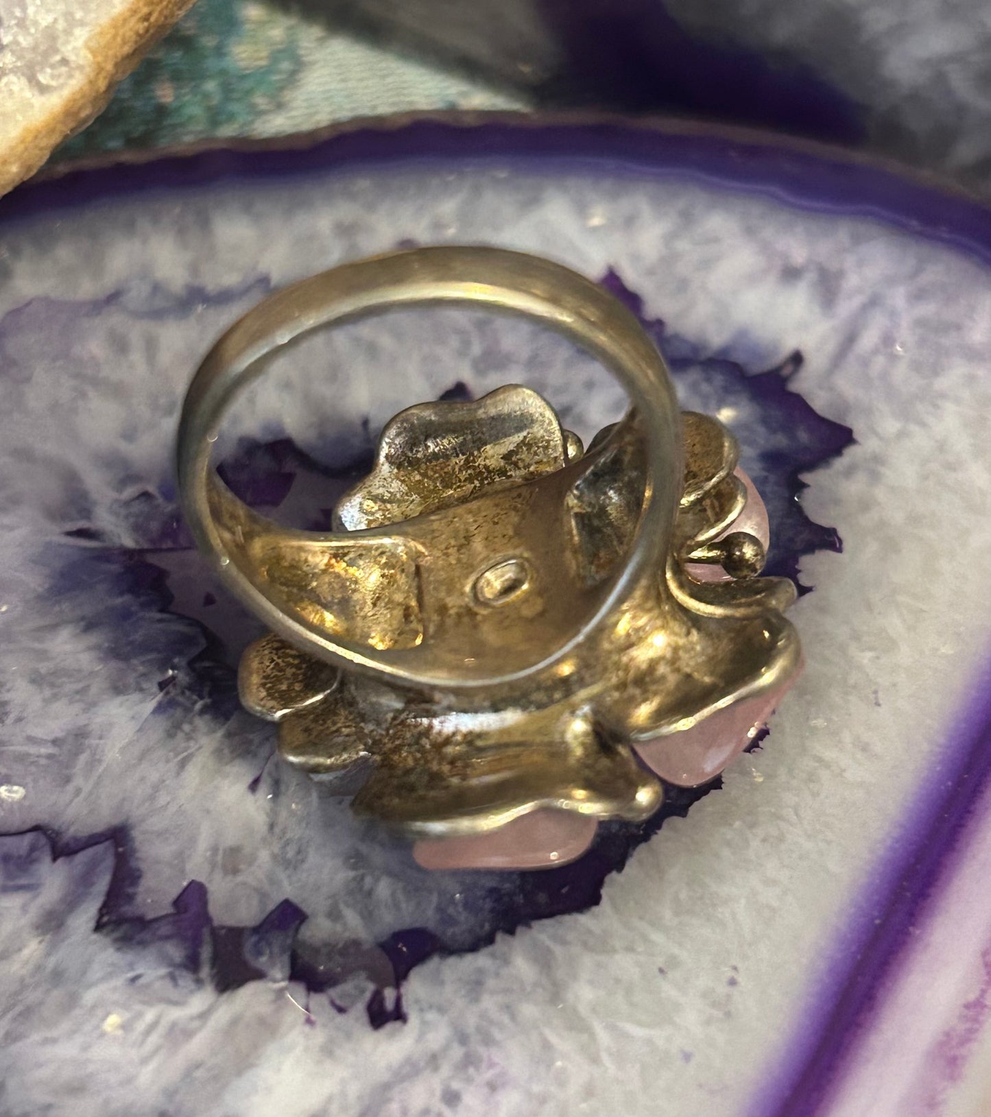 Vintage Whitney Kelly Sterling Silver Rose & Rock Quartz Flower Ring • Size 9