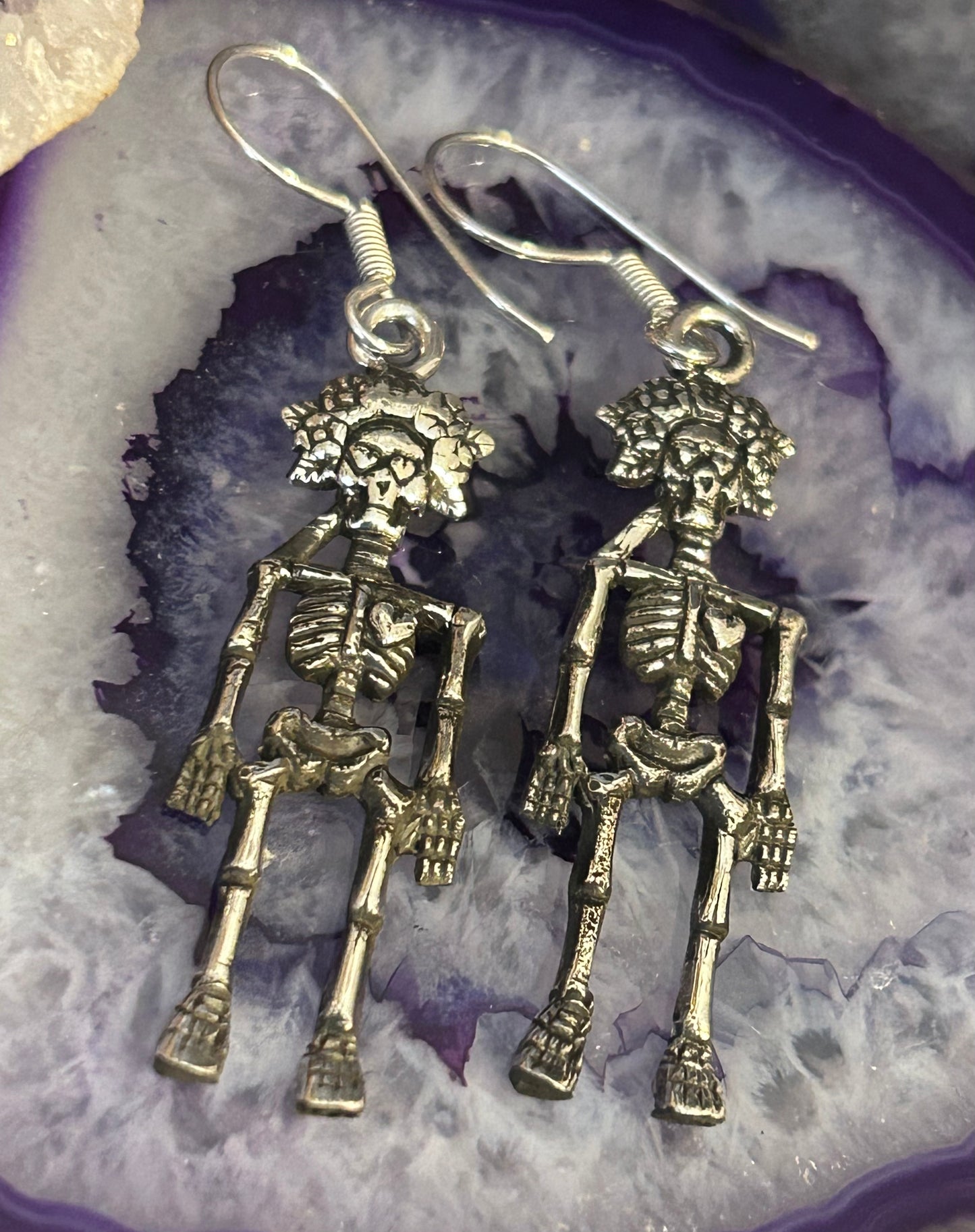 Sterling Silver Modern Taxco Mexico Skeleton Dia De Los Muertos Earrings