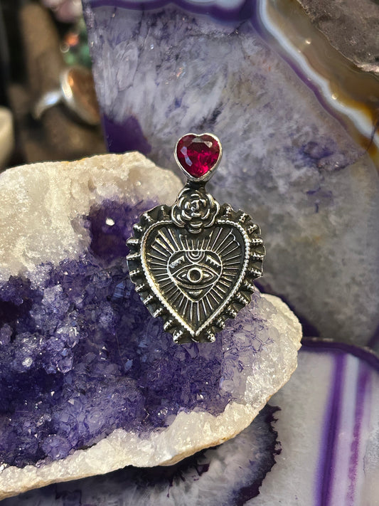 Sterling Silver Taxco Mexico Sacred Heart & Eye Of Protection Adjustable Ring