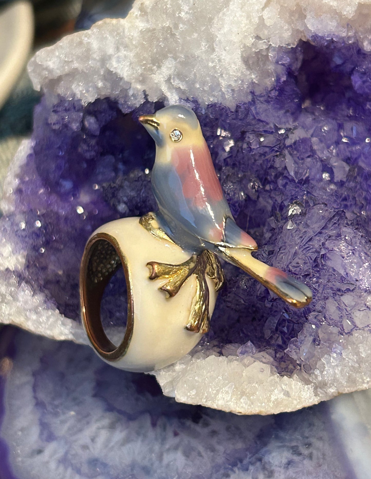 Vintage Gold Tone And Enamel 3D Bird Ring Size 6