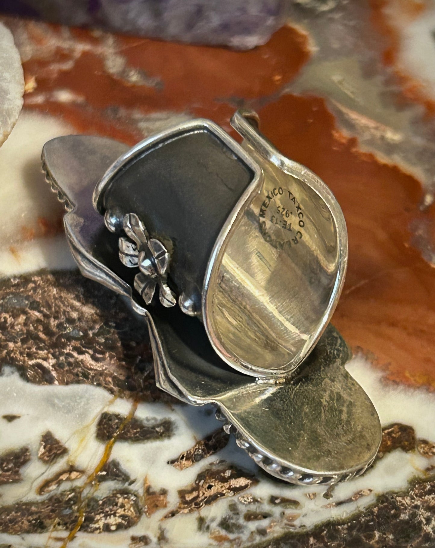 Sterling Silver Taxco Mexico Large Statement Ring w/ Turquoise & Onyx Sz 6.5-8.5