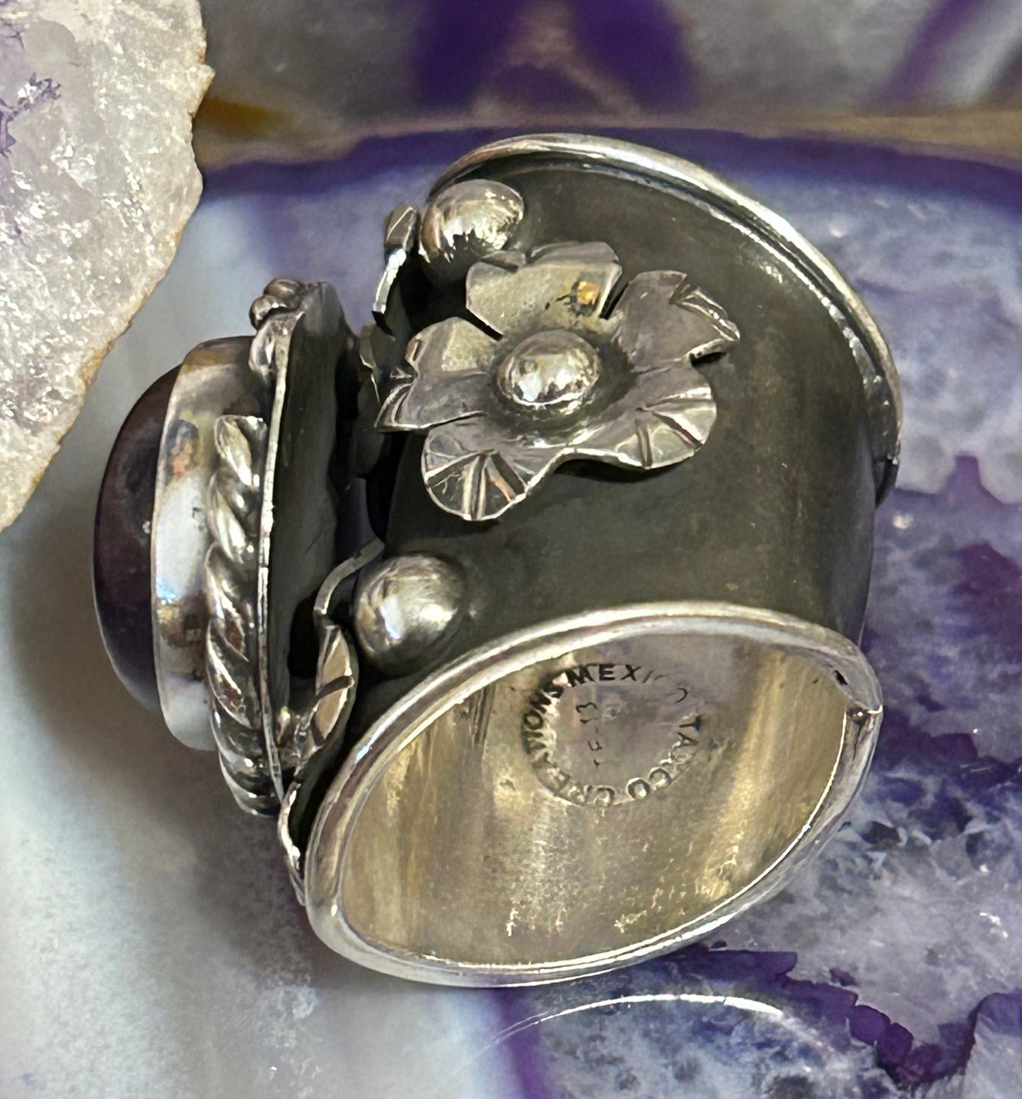 Sterling Silver Taxco Amethyst & Floral Statement Wide Band Ring • Size 7