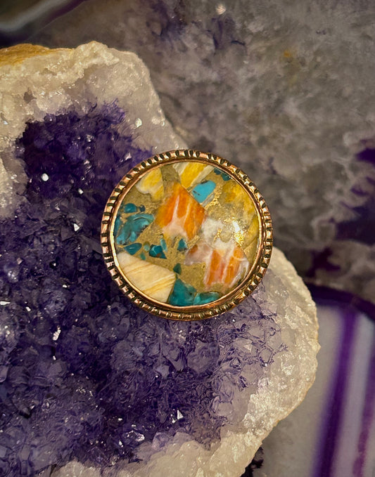 Copper Spiny Oyster Turquoise Round Adjustable Ring