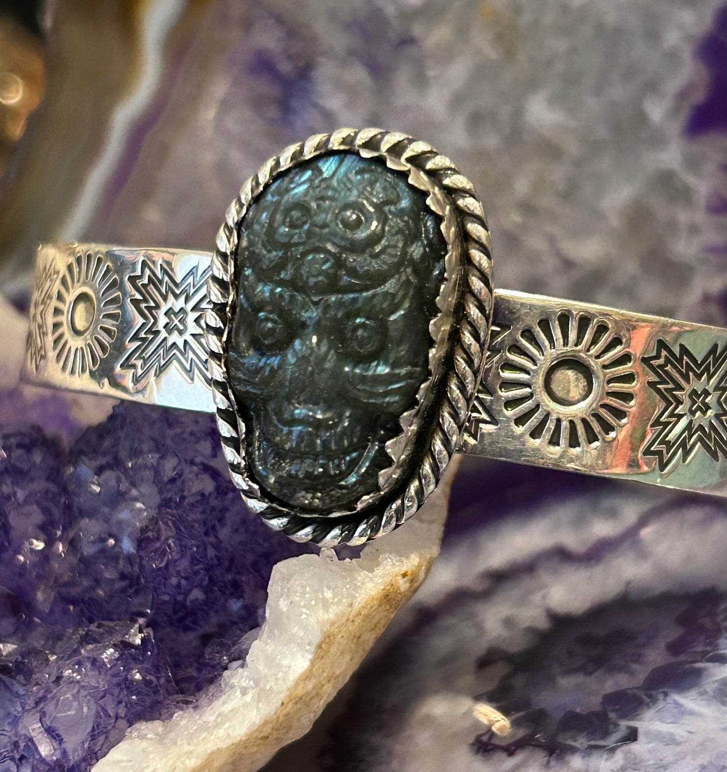 Sterling Silver Taxco Mexico Carved Skull Stone Cuff Handmade Stamped Bracelet