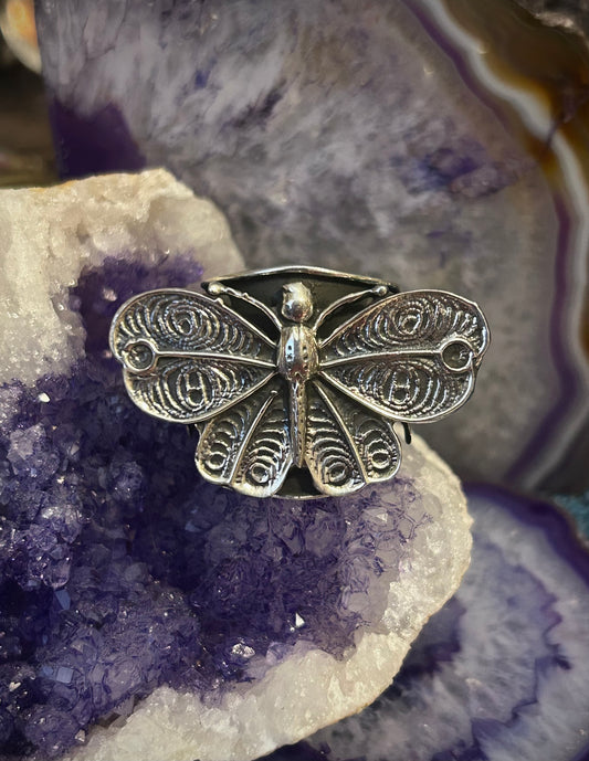 Taxco Mexico 950 Silver Insect Moth & Flowers Statement Ring Size 7.5-9.5