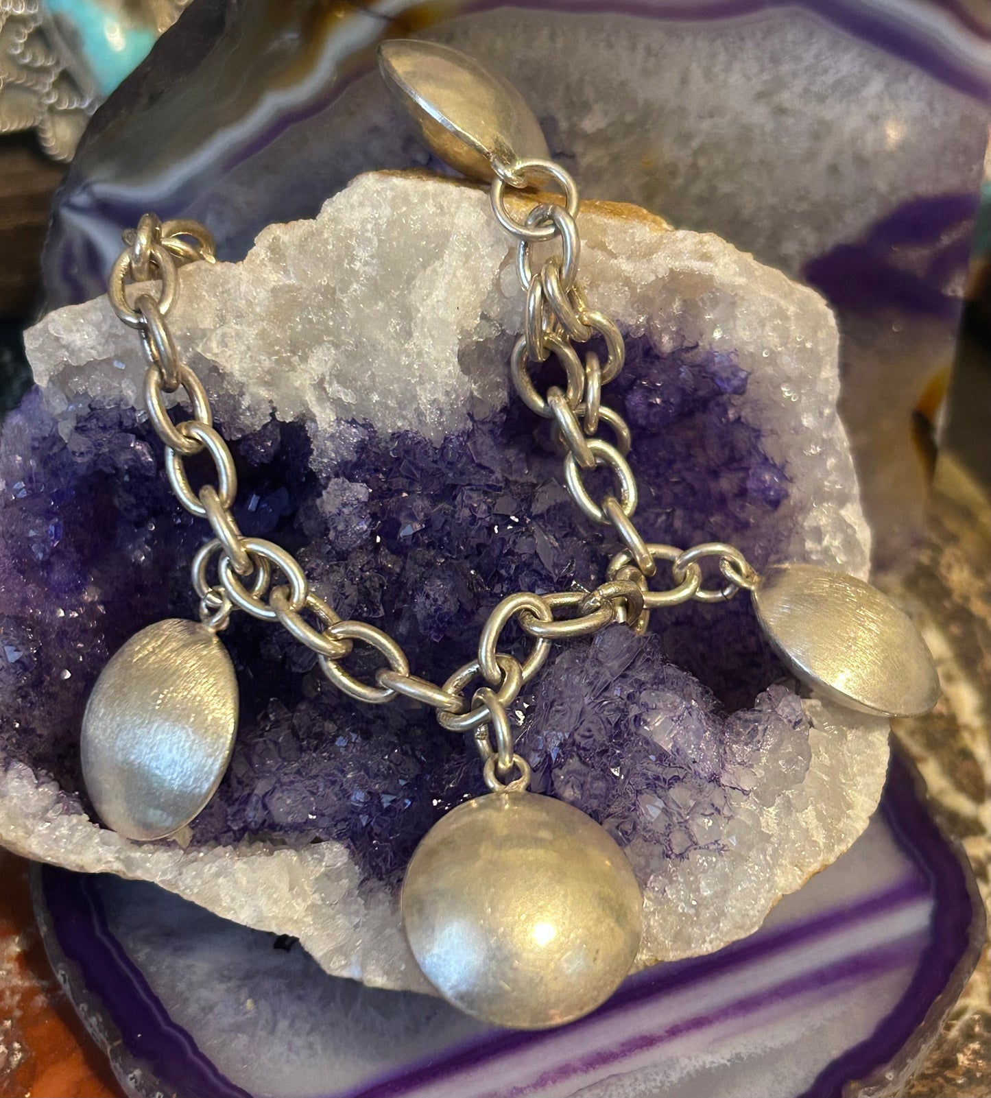 Vintage Sterling Silver Chunky Modernist Dangle Disc Link Bracelet