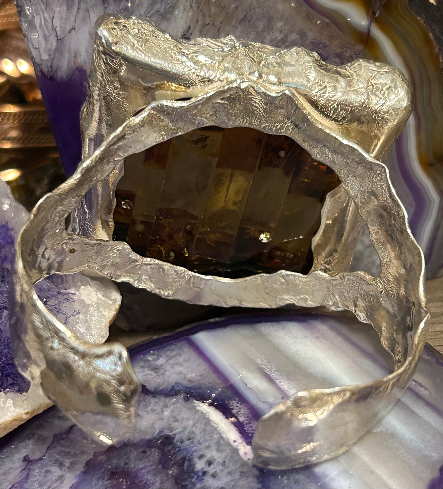 Sterling Silver & Mosaic Amber Huge Statement Cuff Bracelet