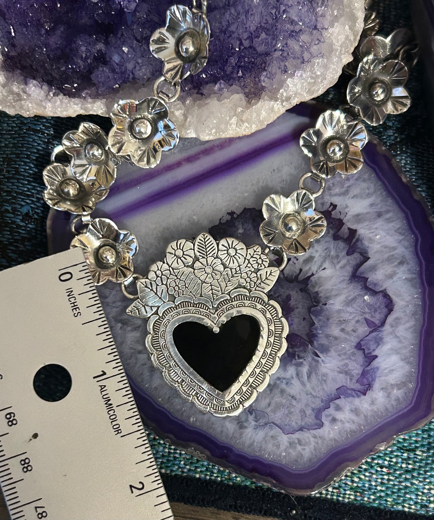 Sterling Silver 925 Made In Taxco Flower & Heart Link Necklace