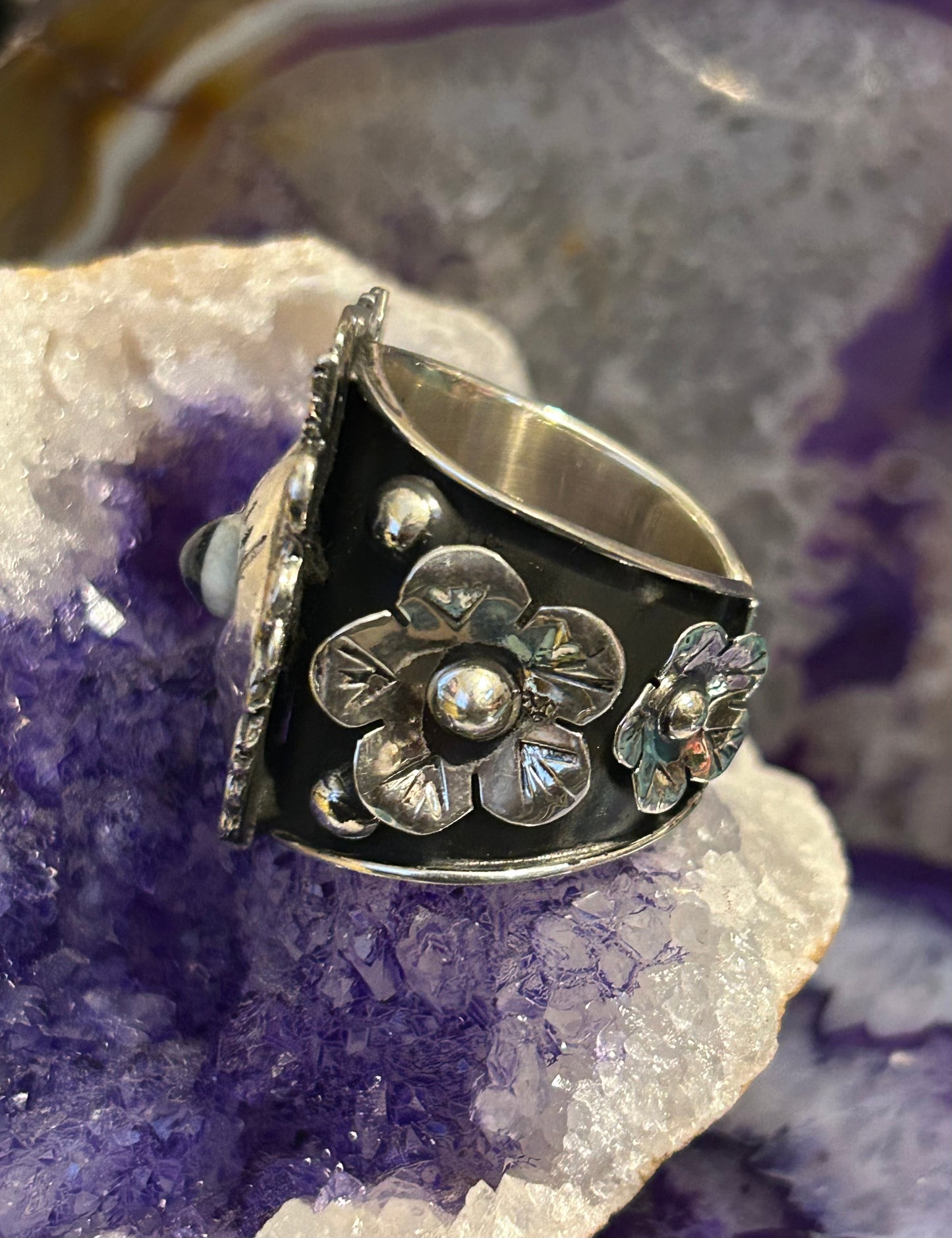 950 Silver Taxco Mexico Seeing Eye Heart W/ Rose And Birds Size 8-10