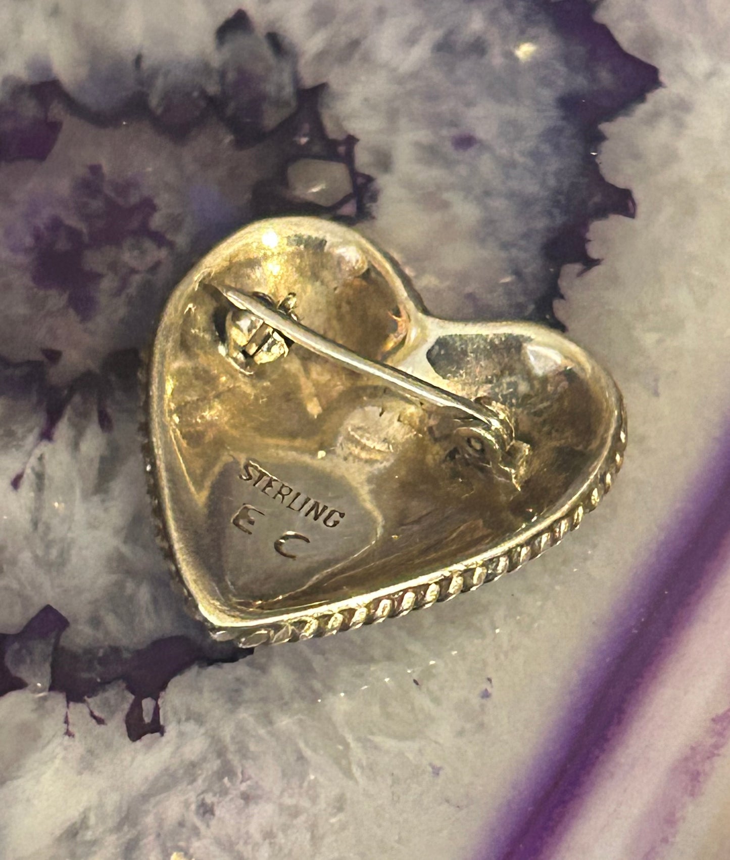 Sterling Silver Native American EC Signed Heart Brooch/Pin