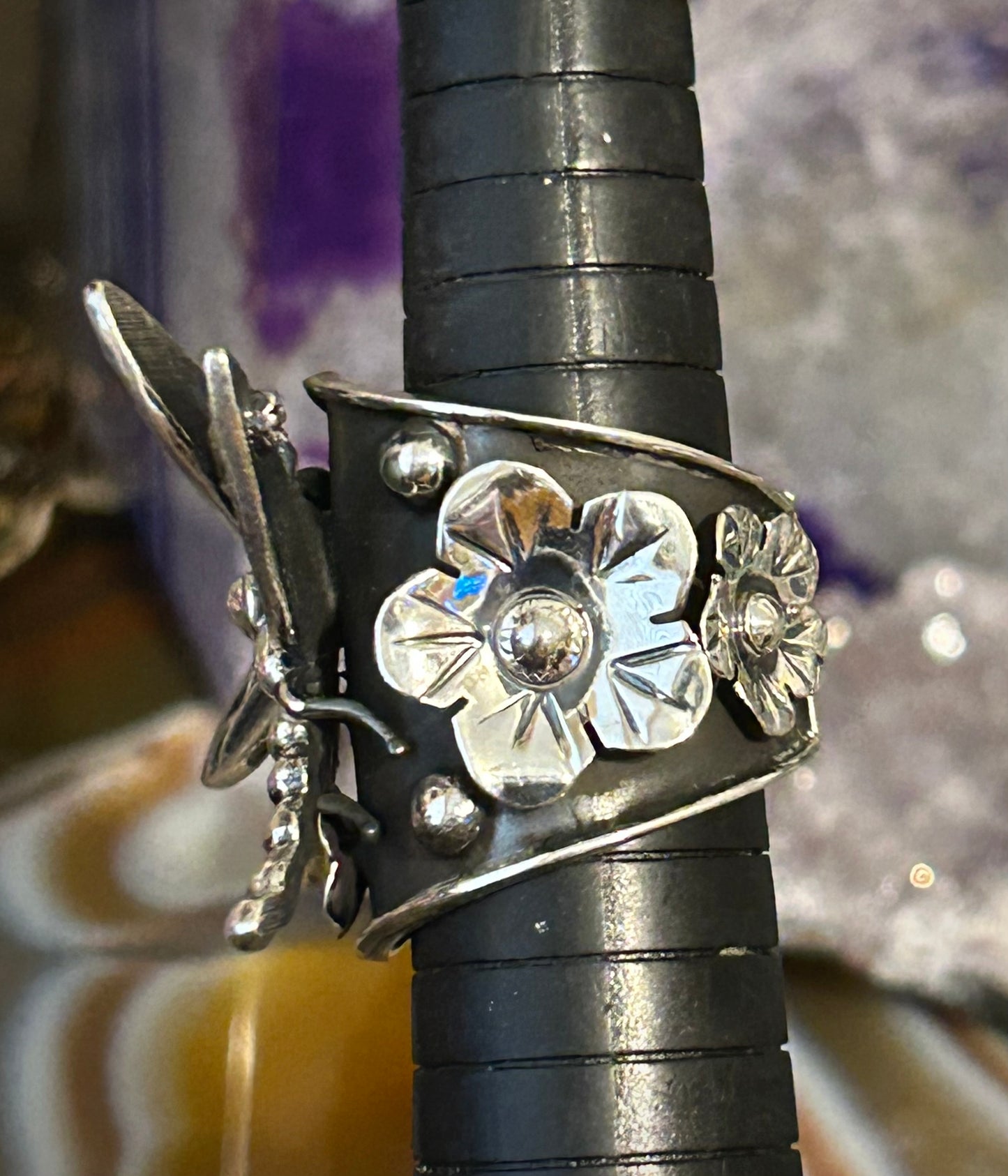 Sterling Silver Taxco Mexico Dragonfly And Flower Statement Ring