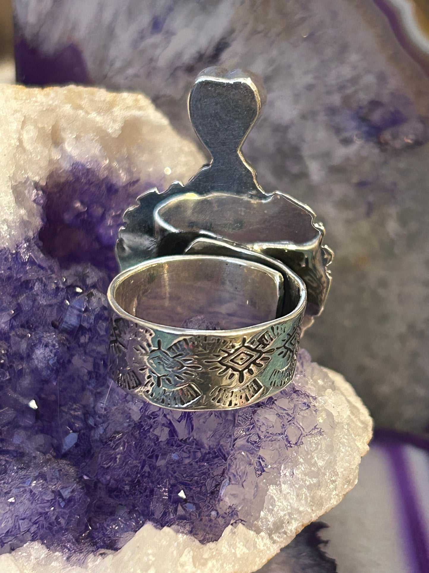 Sterling Silver Taxco Mexico Sacred Heart & Eye Of Protection Adjustable Ring