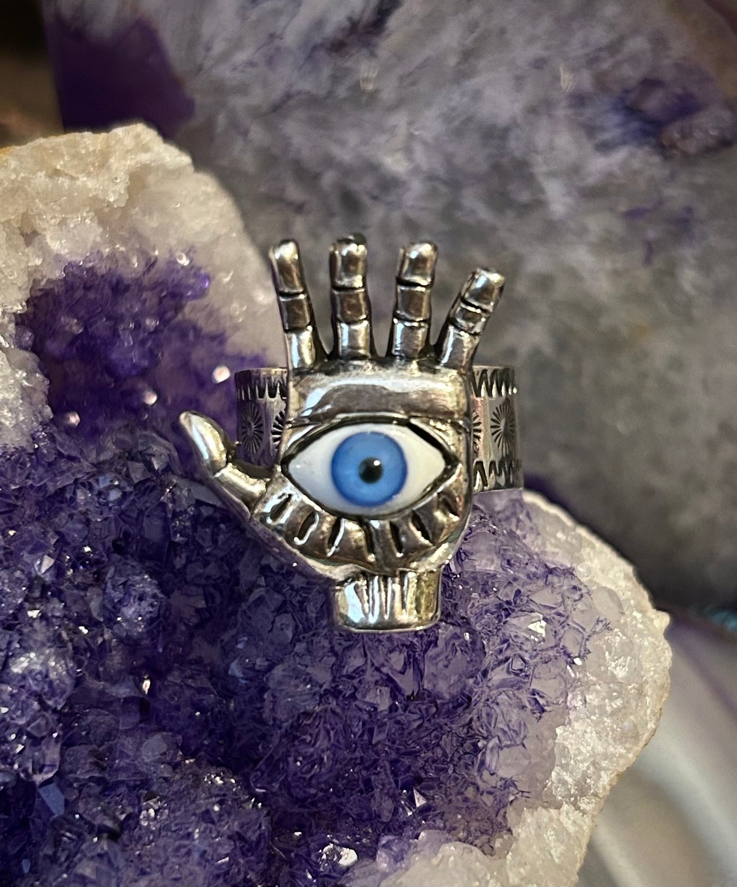 Sterling Silver Taxco Mexico Seeing Eye Hand of Protection Oddities Ring Adjustable