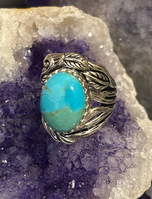 Sterling Silver Mojave Turquoise Wide Band W/ Leaves Ring Size 7