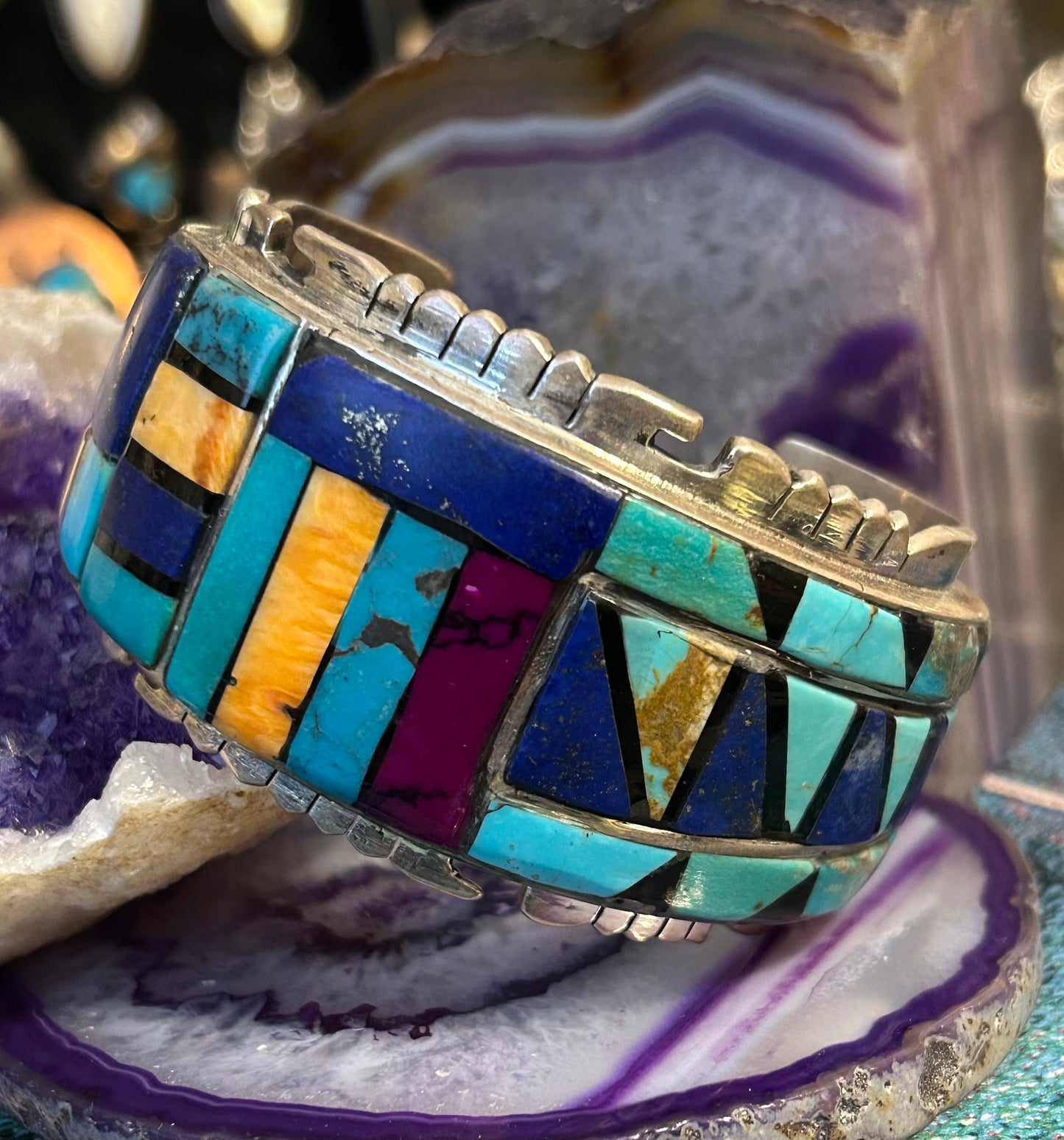 Sterling Silver Huge Multi-stone Inlay Statement Cuff Bracelet