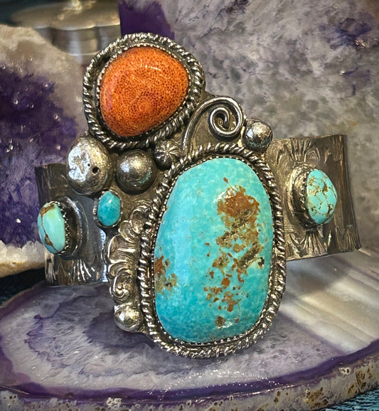 Vintage Sterling Silver Handmade Turquoise And Coral Statement Cuff Bracelet