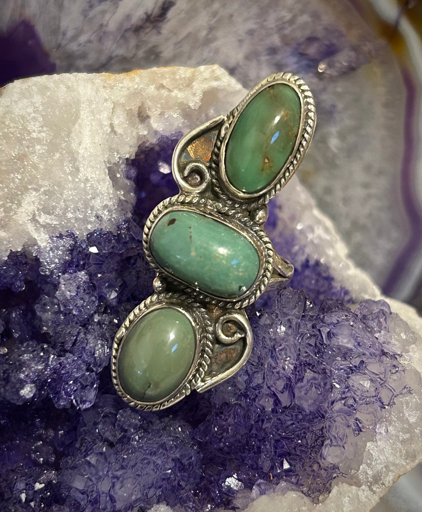 Sterling Silver Triple Stone Roysten Turquoise Ring Size 7