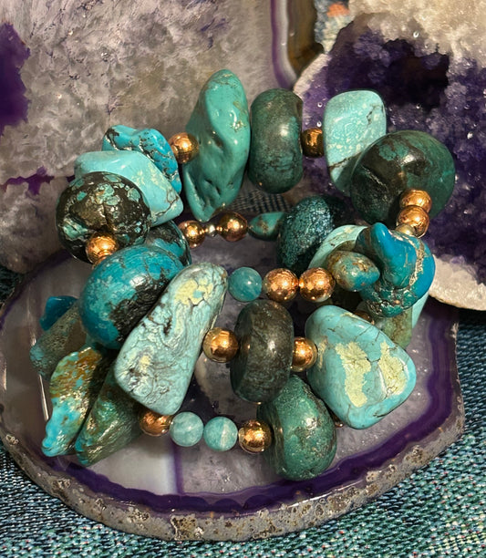 GUZ LOVE Handmade Chunky Turquoise & Copper Memory Wire Bracelet