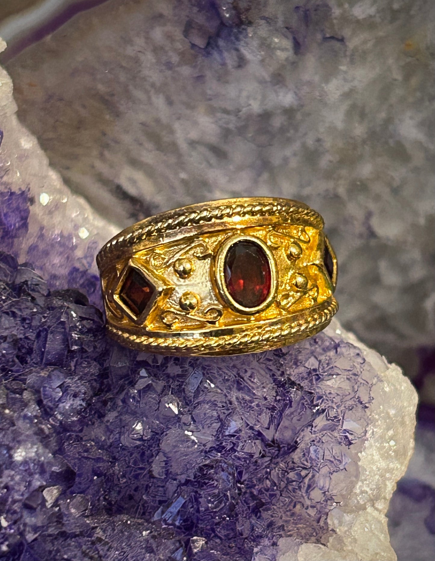 Vintage Sterling Silver Gold Vermeil Byzantine Style Ring • Size 8