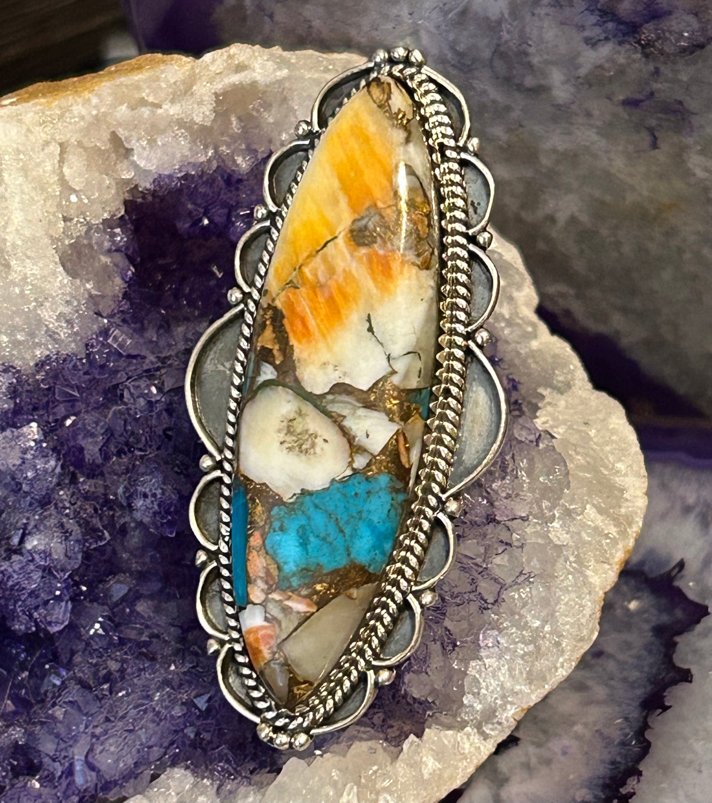 Sterling Silver Spiny Oyster Turquoise Statement Ring Size 7