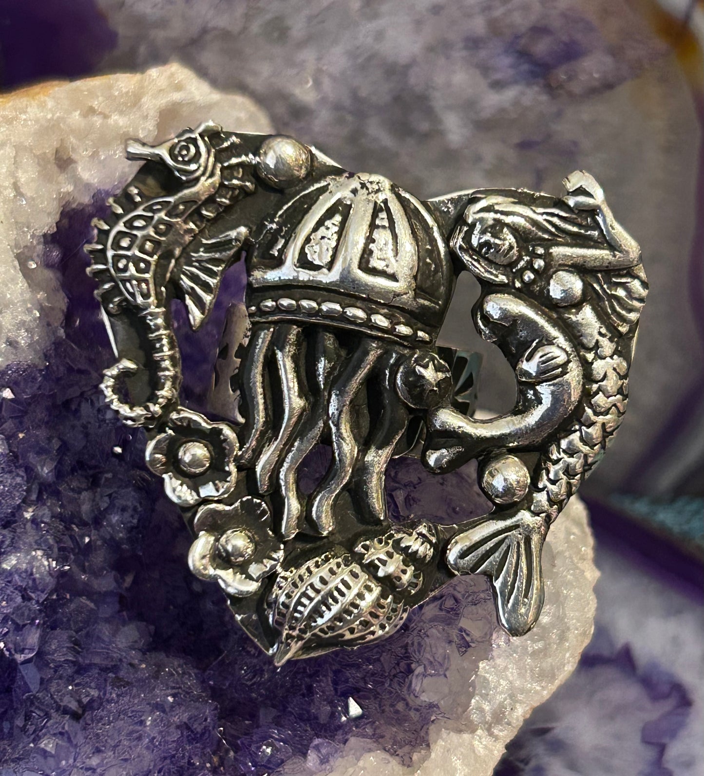 Sterling Silver Taxco Mexico Large Statement Ocean Theme Mermaid Jellyfish Ring • Adjustable