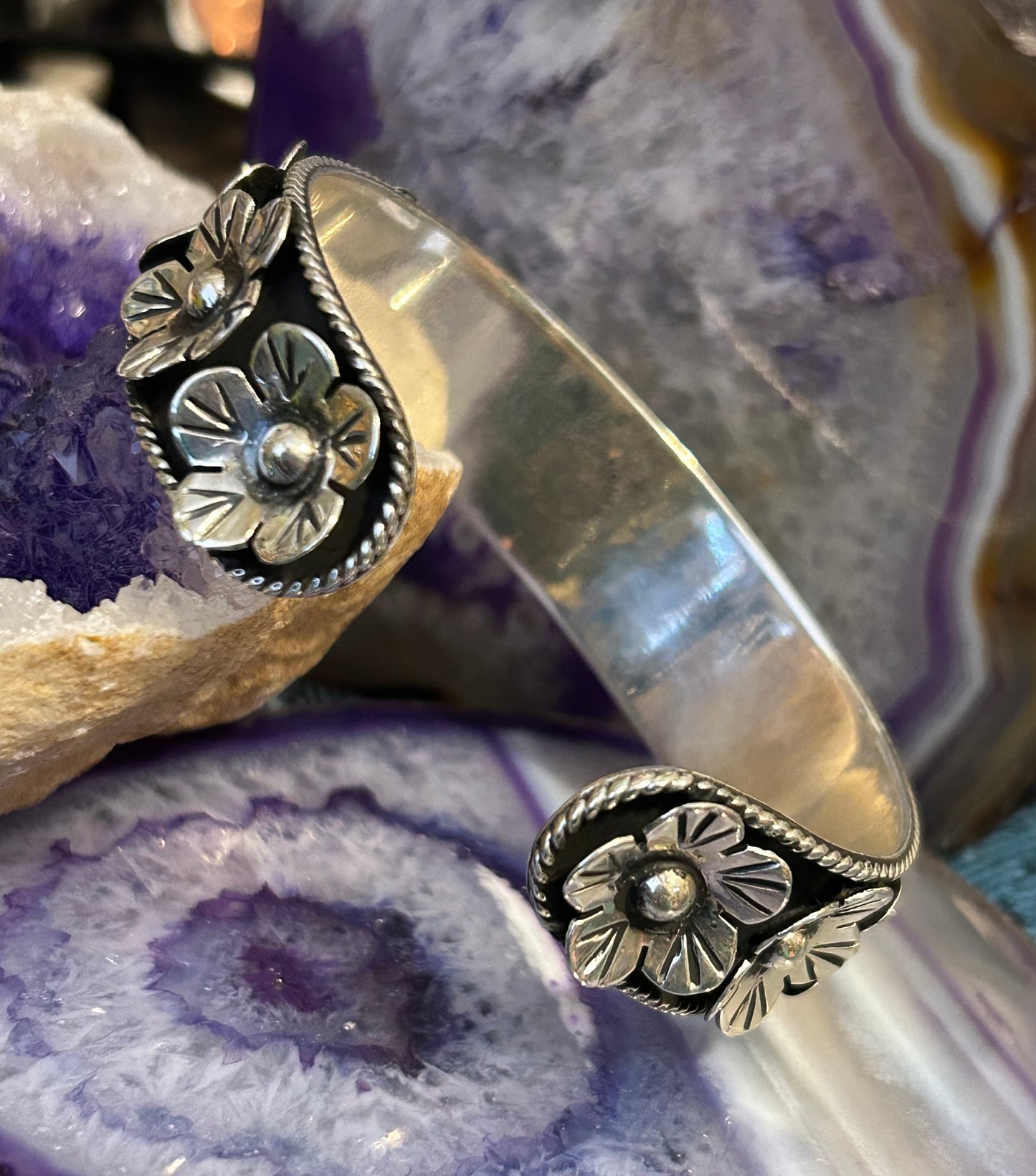 Sterling Silver Taxco Mexico Flower & Rope Handmade Cuff Bracelet