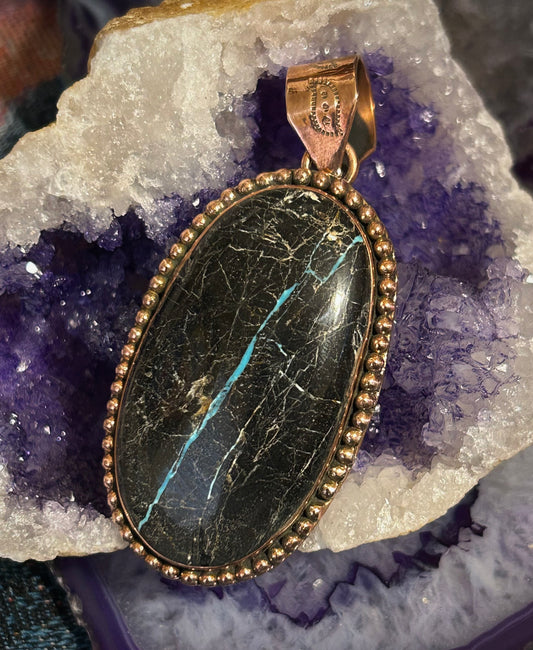 Pure Copper Pendant w/ Huge Blackjack Turquoise Pendant