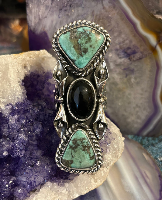 Sterling Silver Taxco Mexico 1of1 Turquoise And Black Onyx Statement Ring