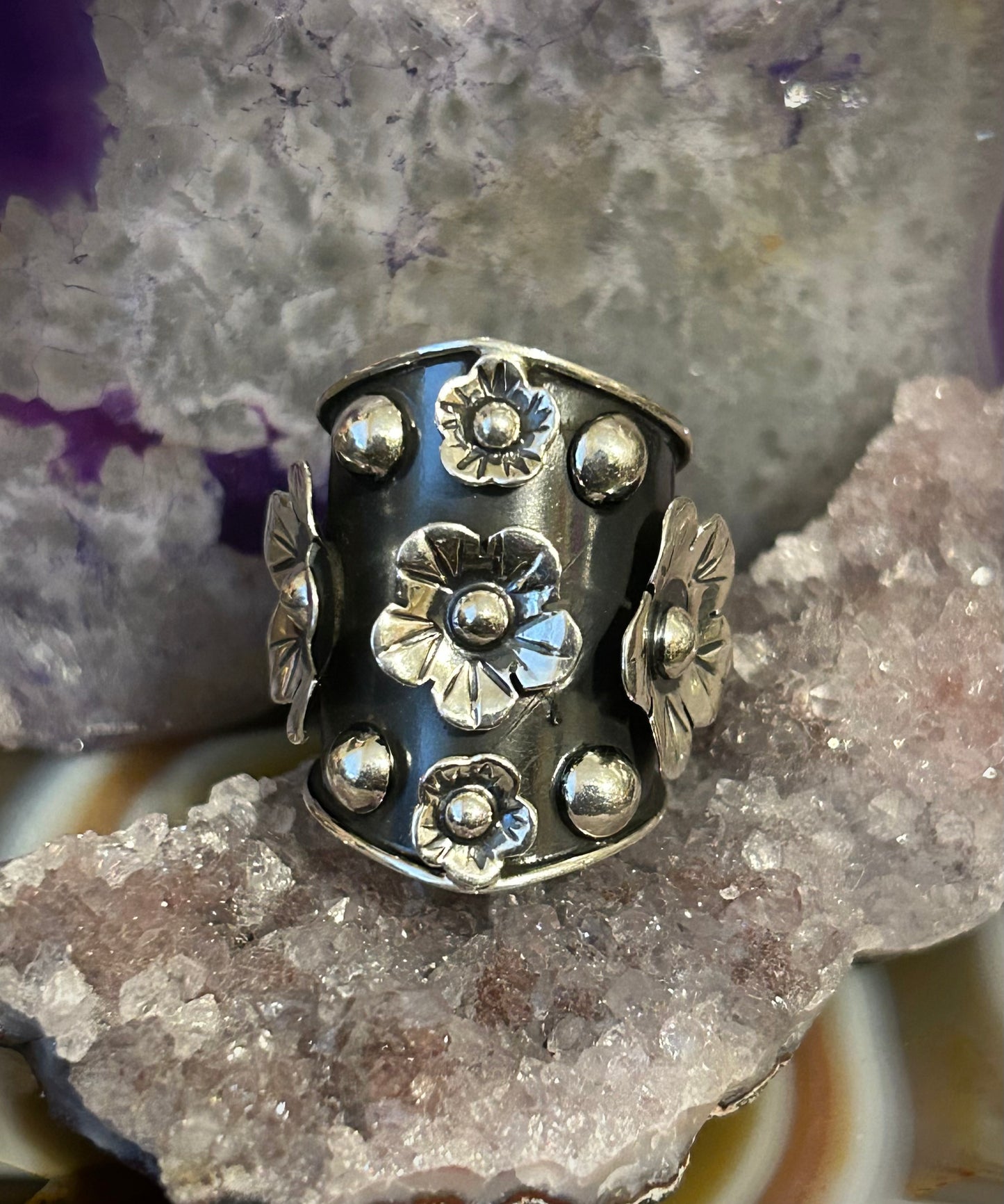 Sterling Silver Taxco Mexico Thick Floral Wide Band Ring