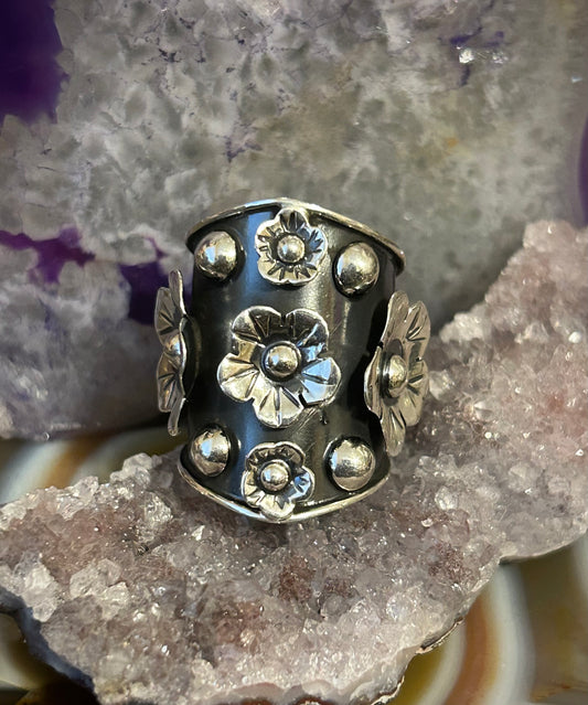 Sterling Silver Taxco Mexico Thick Floral Wide Band Ring