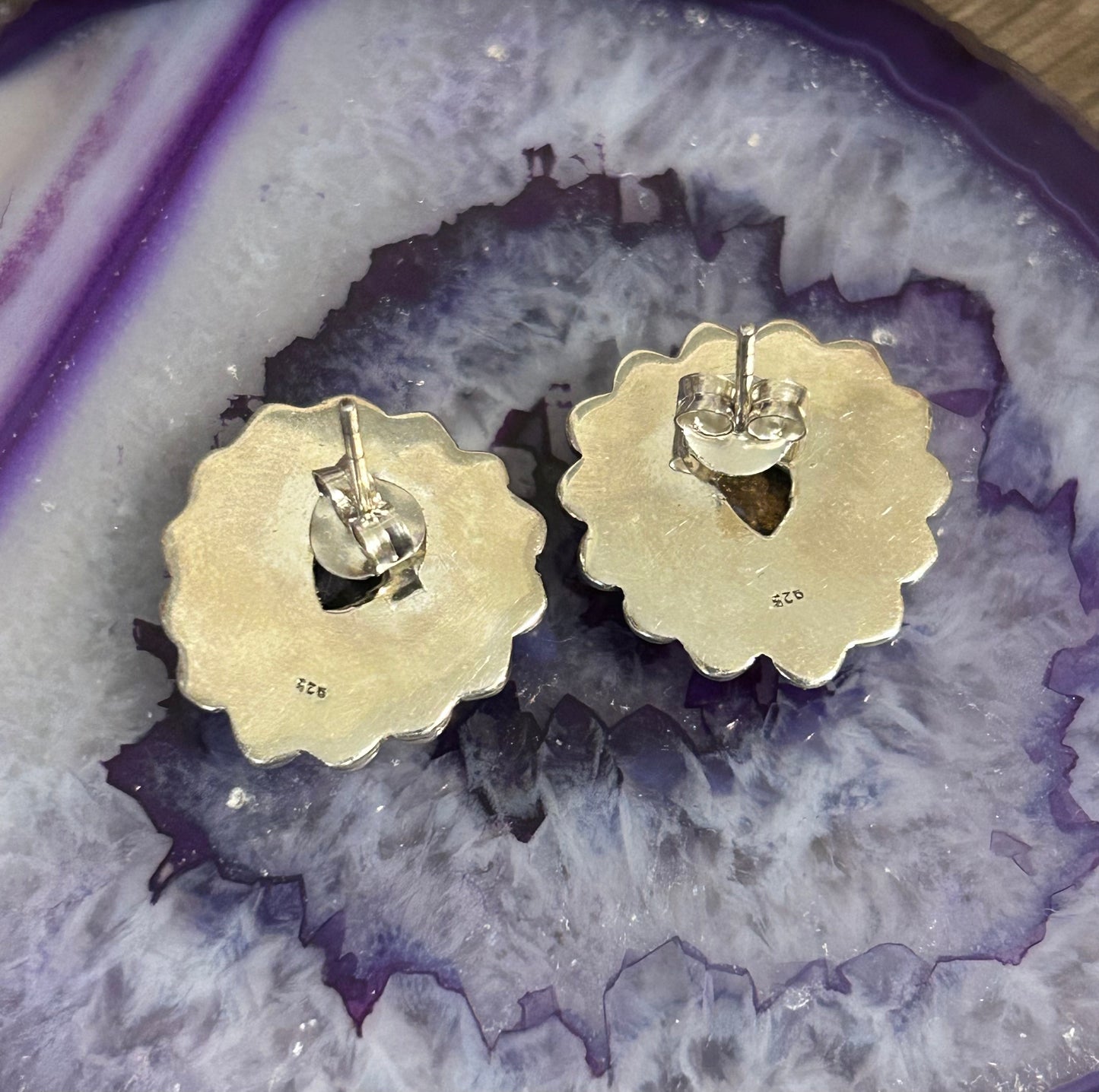 Southwestern Sterling Silver Violet Dahlia Turquoise Heart Earrings