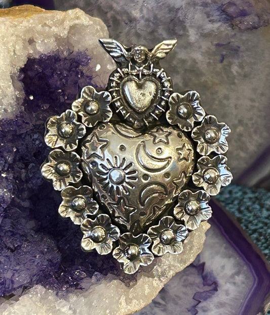 Sterling Silver Taxco Mexico Large Statement Heart & Celestial Vibes Ring