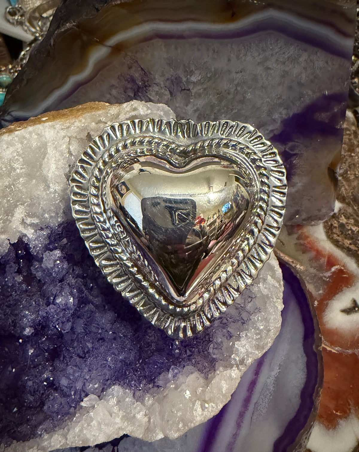 Sterling Silver Modern Taxco Mexico Statement Puffy Heart Ring Adjustable