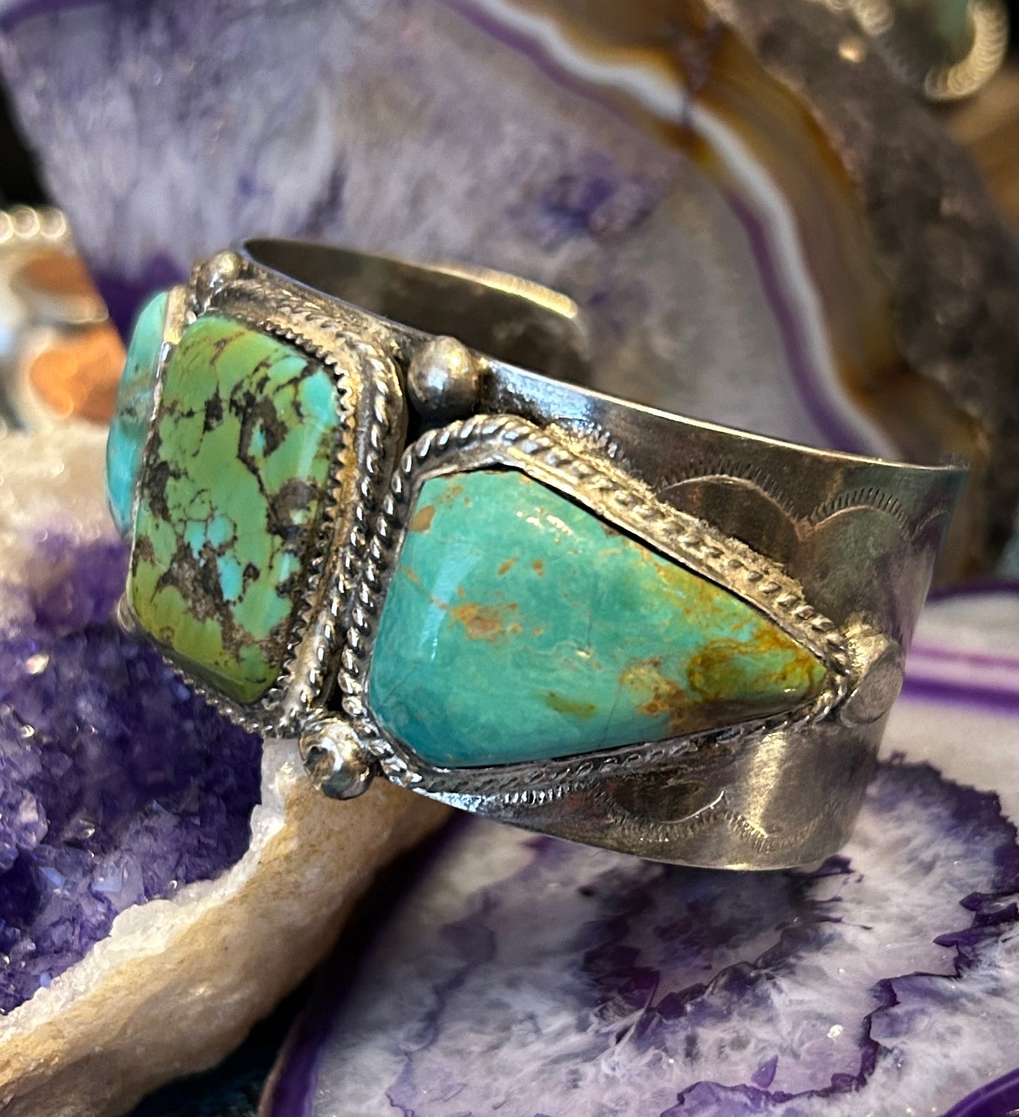 Vintage Sterling Silver Triple Stone Turquoise Statement Cuff Bracelet