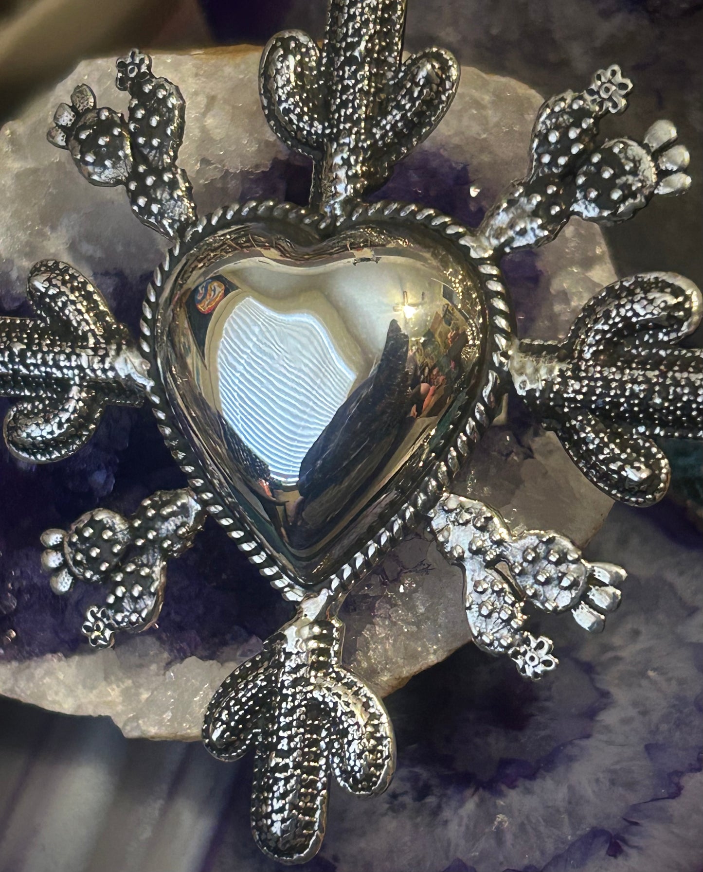 Sterling Silver Taxco Mexico Huge Statement Heart & Cactus Ring Adjustable
