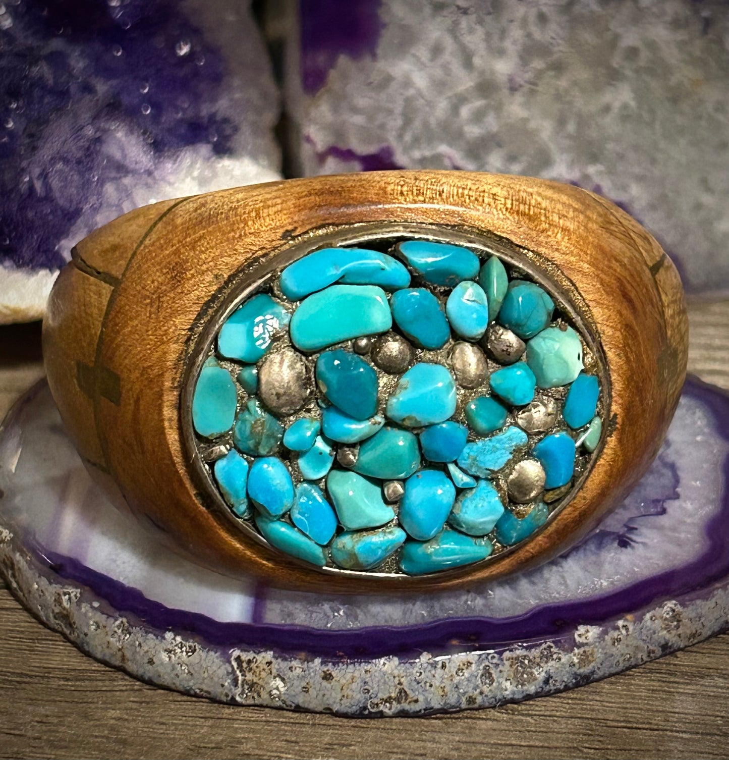 Vintage Unique Wood Cuff Bracelet With Sterling Silver & Turquoise