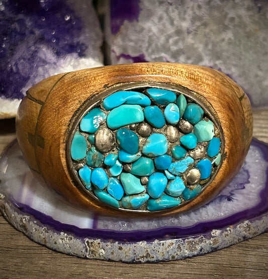 Vintage Unique Wood Cuff Bracelet With Sterling Silver & Turquoise