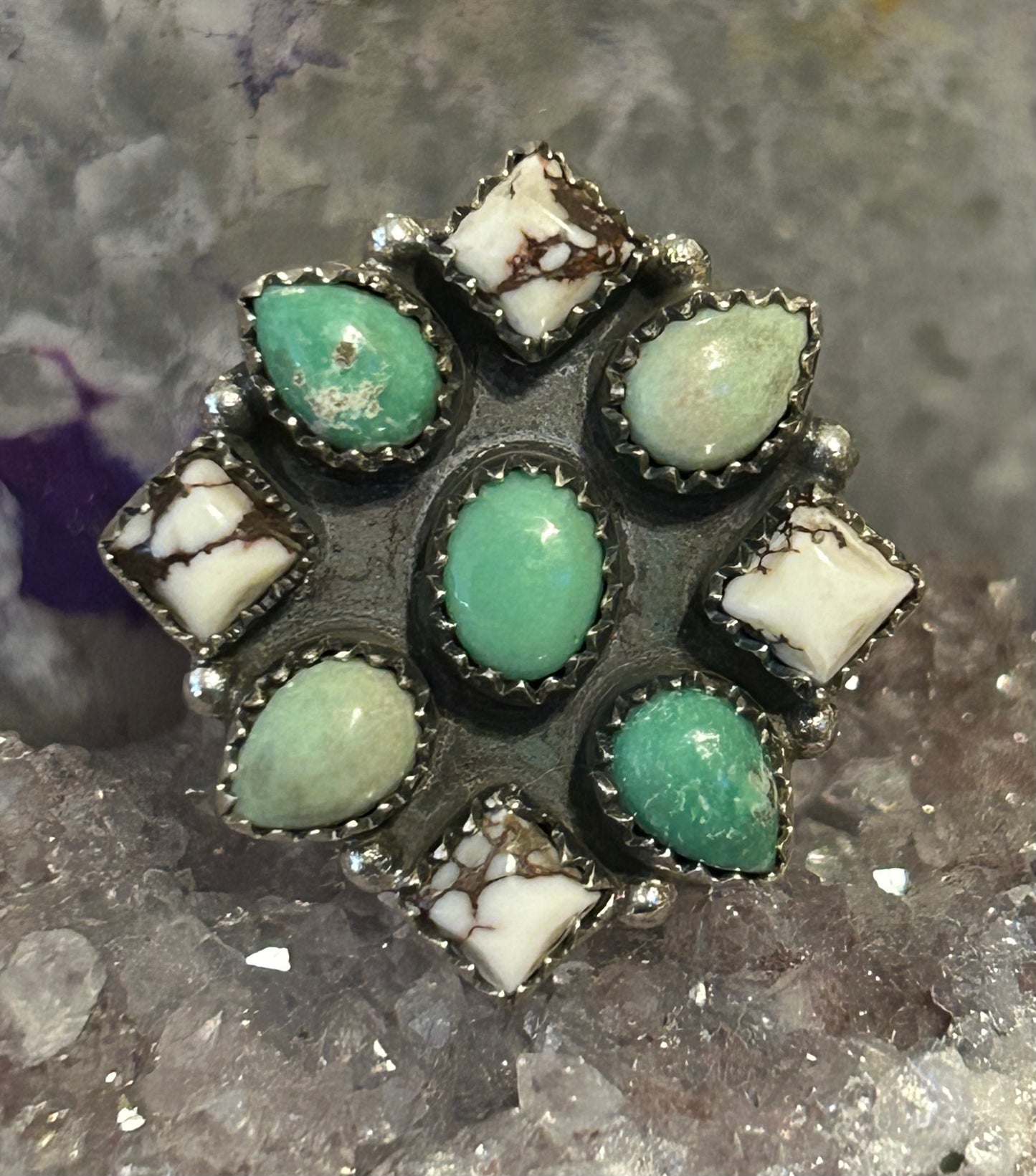 Sterling Silver Southwestern Turquoise & White Buffalo Ring Adjustable