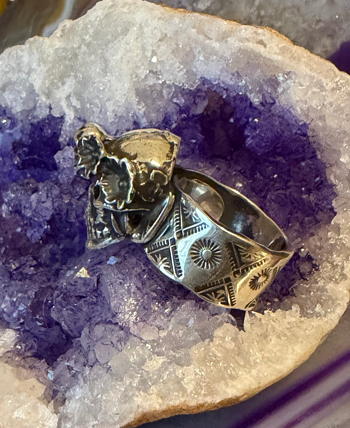 Sterling Silver Modern Taxco Chunky Skull W/ Flower Crown Adjustable Band Ring