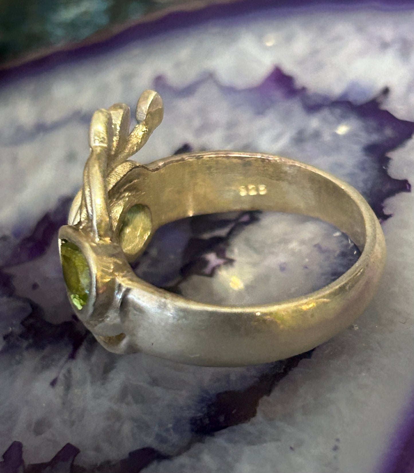 Vintage Sterling Silver Abstract Modernist Peridot Ring • Size 10
