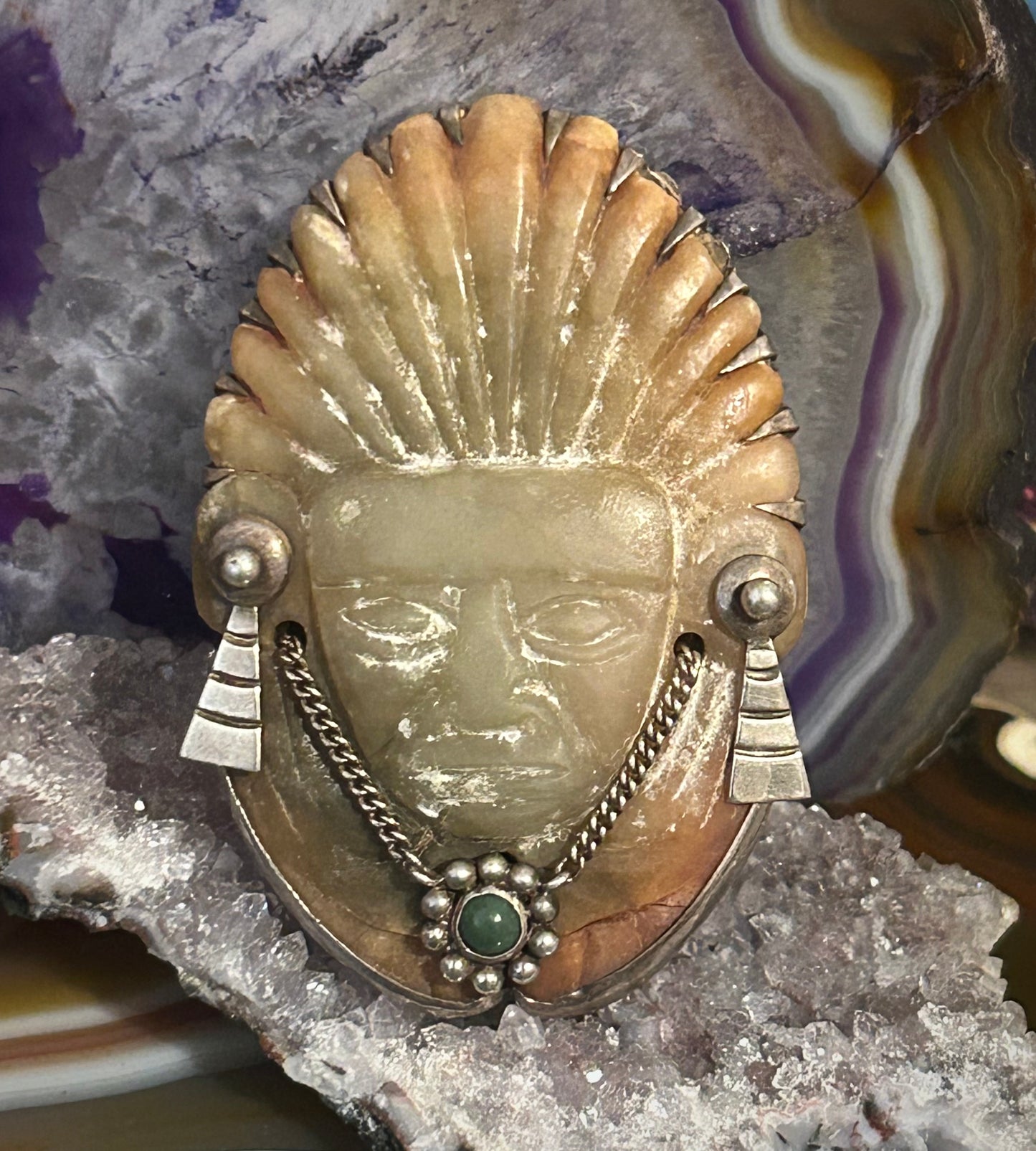 Vintage Mexico Sterling Silver & Carved Stone Warrior Mask Brooch / Pin