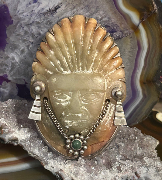 Vintage Mexico Sterling Silver & Carved Stone Warrior Mask Brooch / Pin