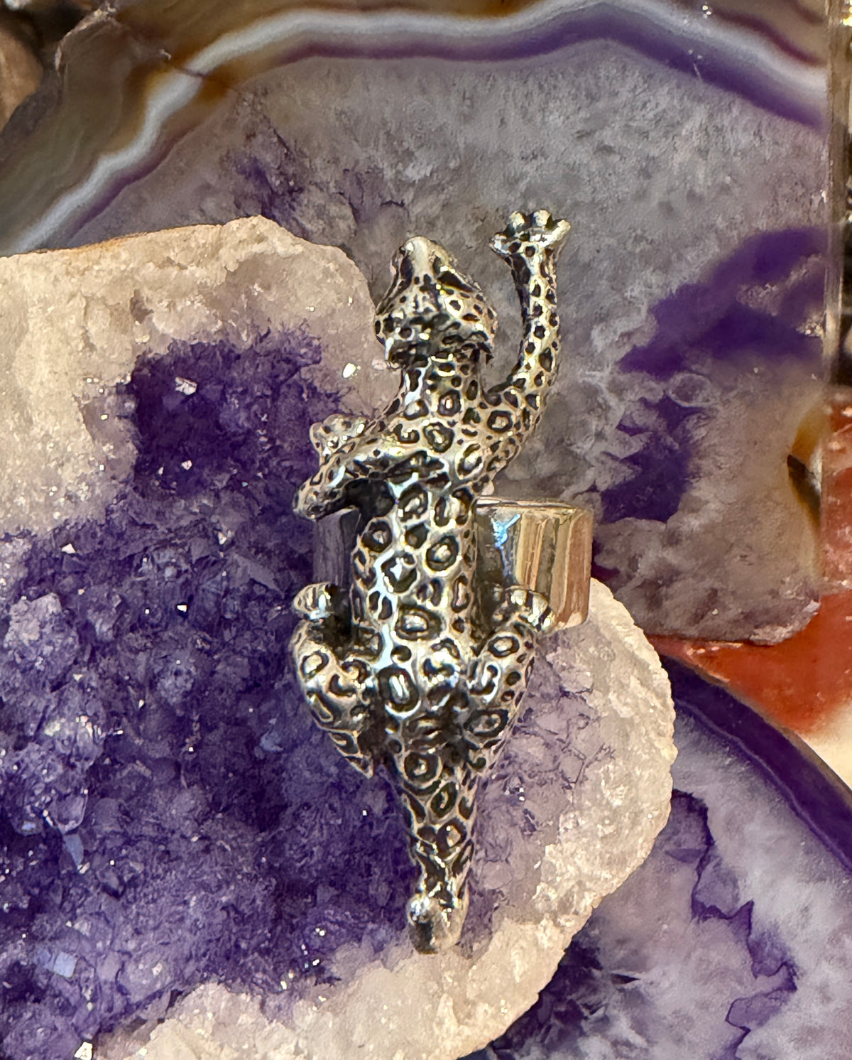 Sterling Silver Modern Taxco Mexico Statement Crawling Jaguar/Cheetah Ring