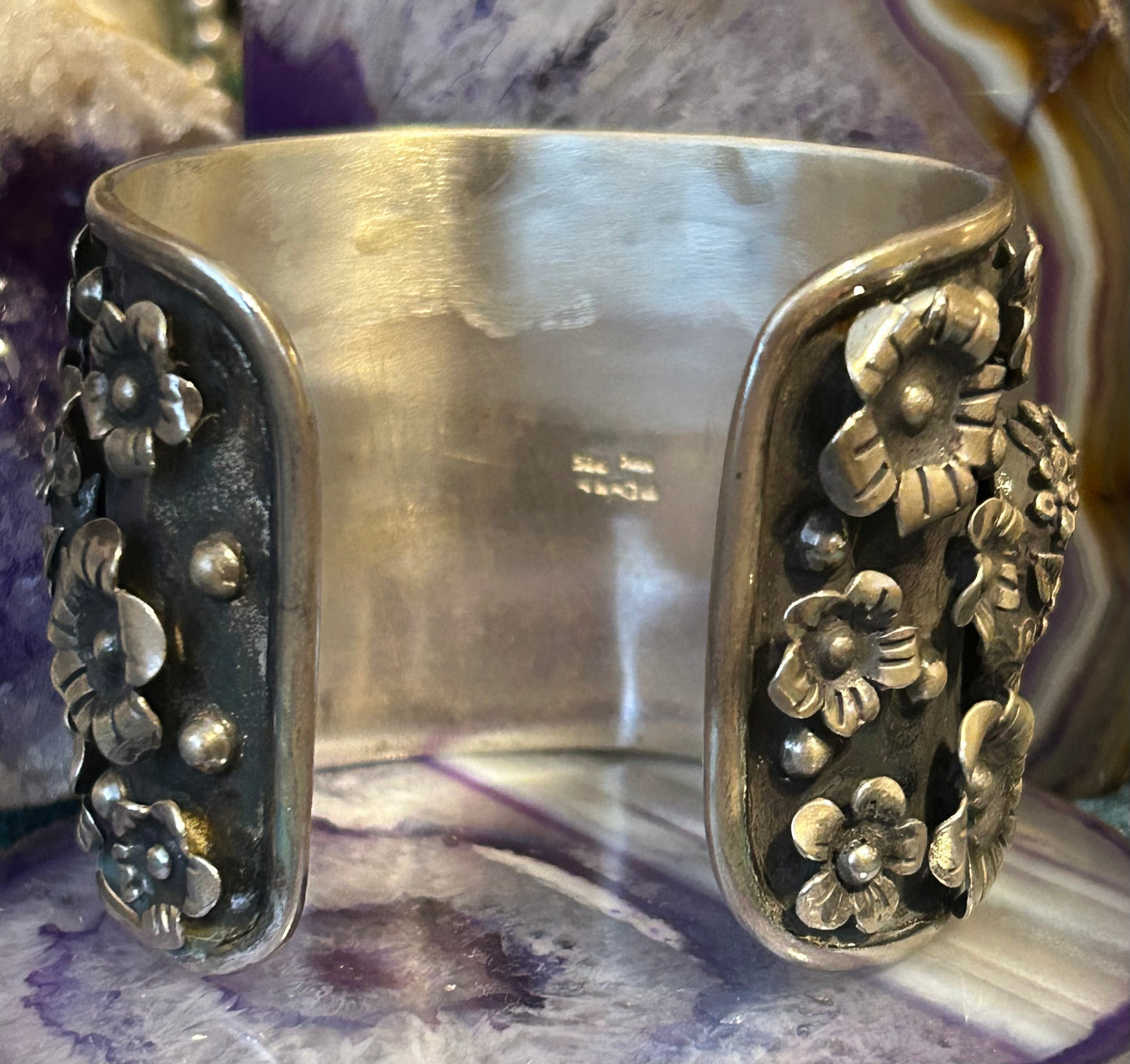 Sterling Silver Taxco Mexico Day Of The Dead Skull & Flower Large Cuff Bracelet